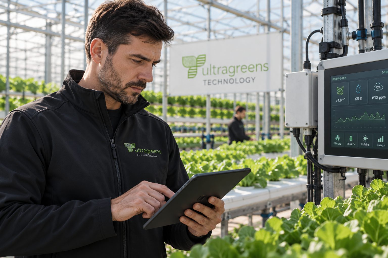Specialist Ultragreens monitorizând o seră de pe tabletă